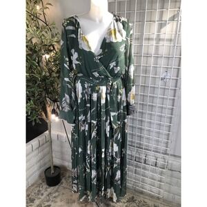 Ricarica Green Floral Chiffon Fairy  Long Maxi Dress‎ Tie Waist Flowy Size 3XL